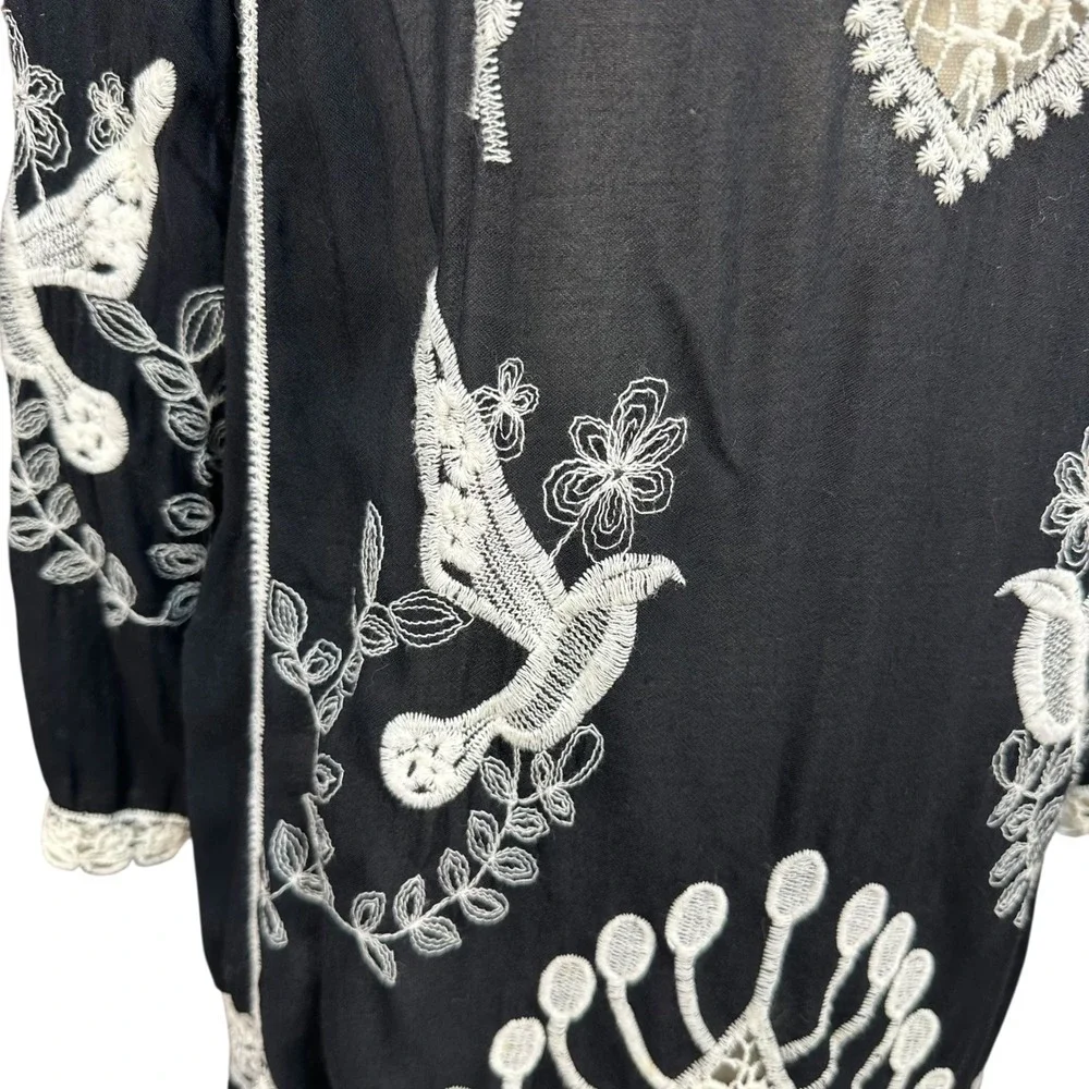 Boho Embroidered Bird Heart Lace Trim V-Neck Tunic Dress Black White 3/4 Sleeve - Picture 6 of 8